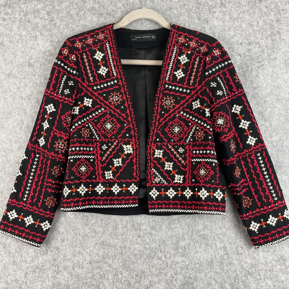 Zara Ethnic Boho Embroidered Jacket Womens Small Red Beaded Tribal Aztec‎ Artsy